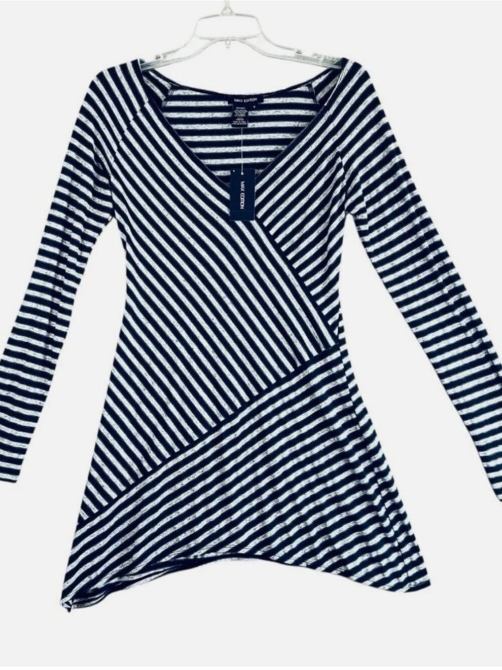 MAX EDITION Navy Blue Grey Striped Dress Tunic V-Neck Hi-Lo Sides Size Small NWT